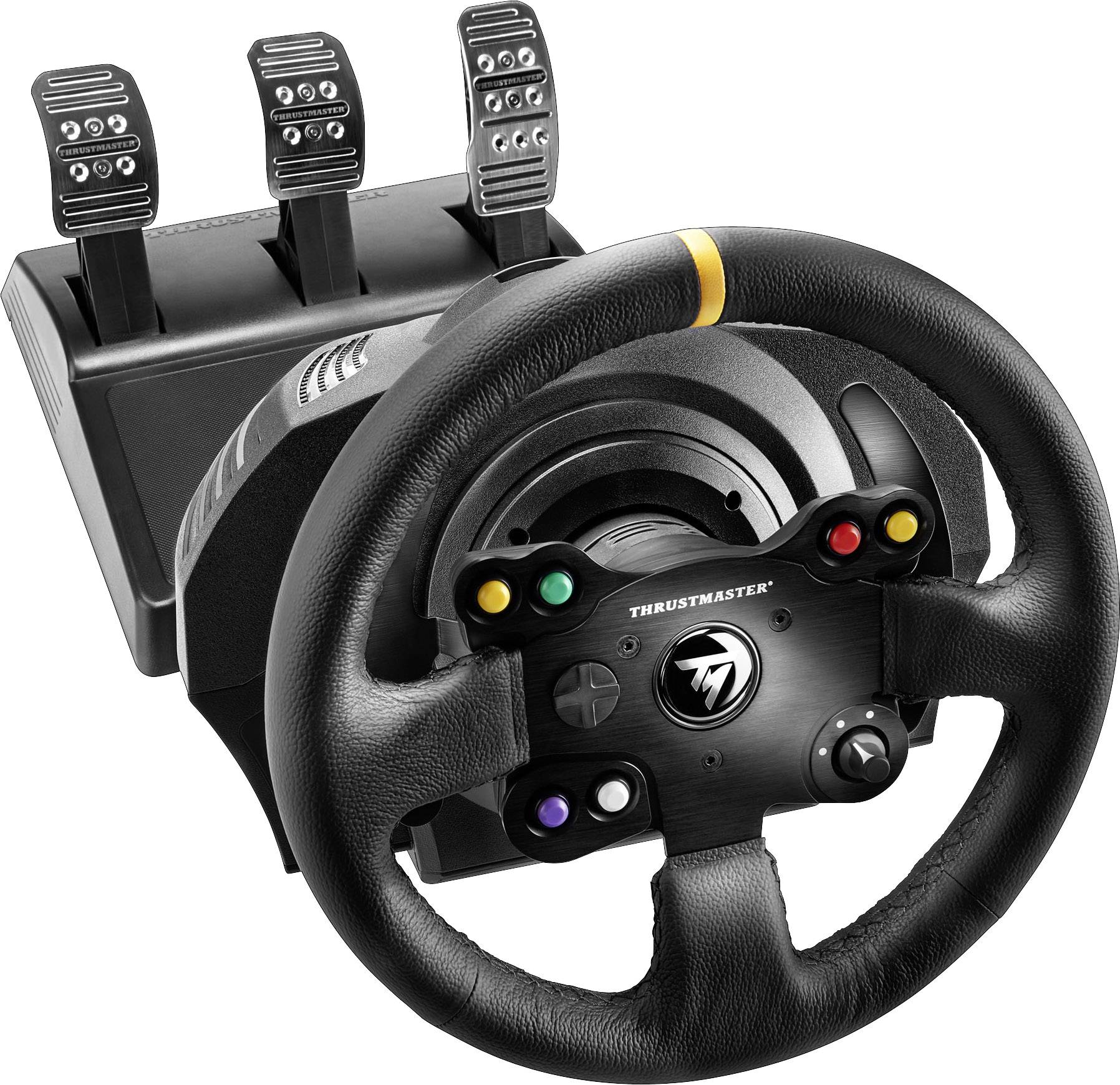 Een zwart gaming-stuur met pedalen, geschikt voor racespellen. Bevat kleurrijke knoppen en wordt geproduceerd door Thrustmaster.