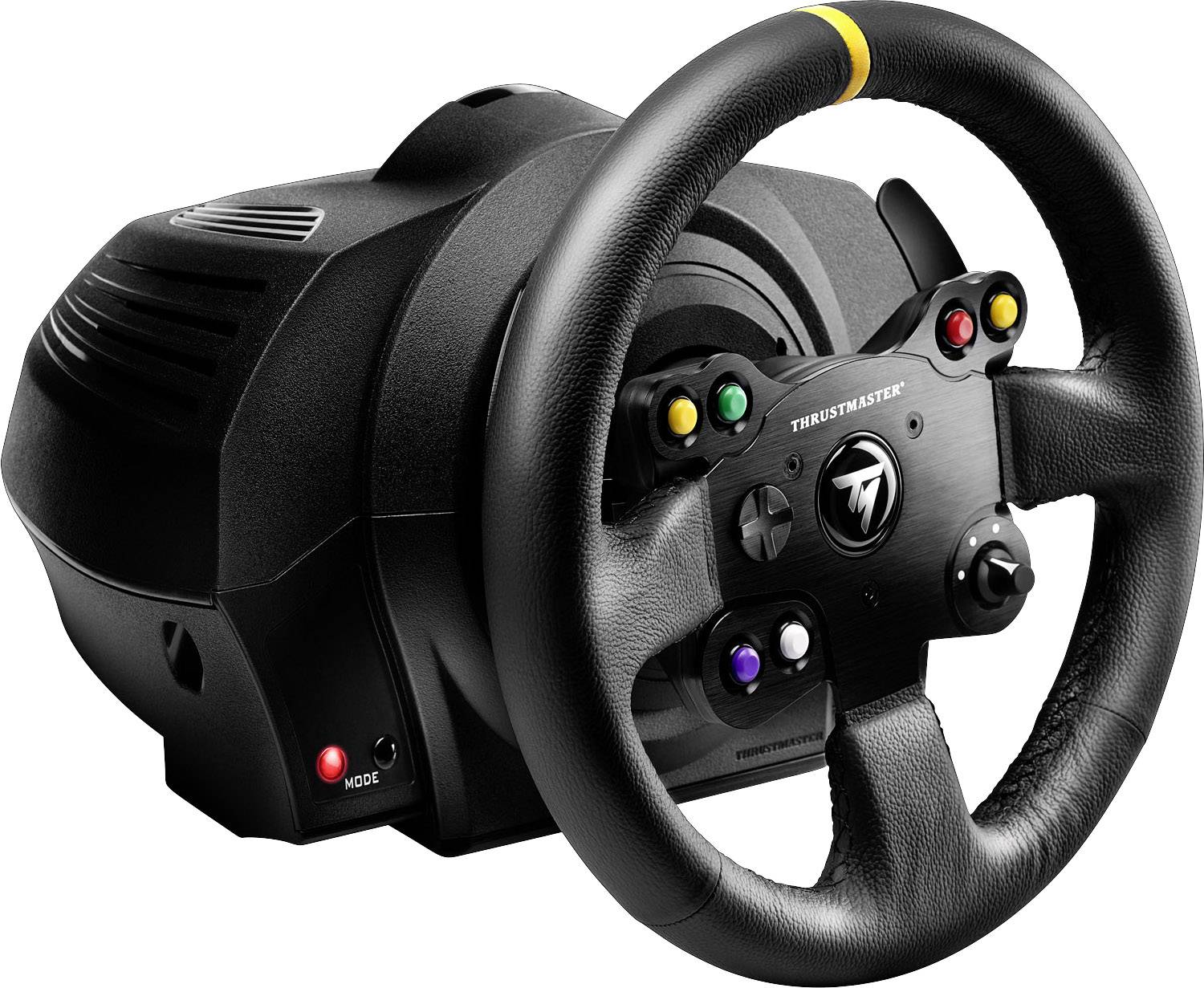 Een zwart stuur met pedalen en gekleurde knoppen, geschikt voor racesimulaties. Het draagt het logo van een bekende elektronicafabrikant.