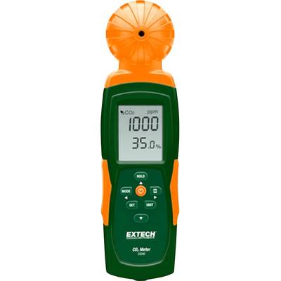 Digitaal meetapparaat toont CO₂-gehalte van 1000 ppm en 35% relatieve luchtvochtigheid, gebruikt voor bewaking van de luchtkwaliteit.