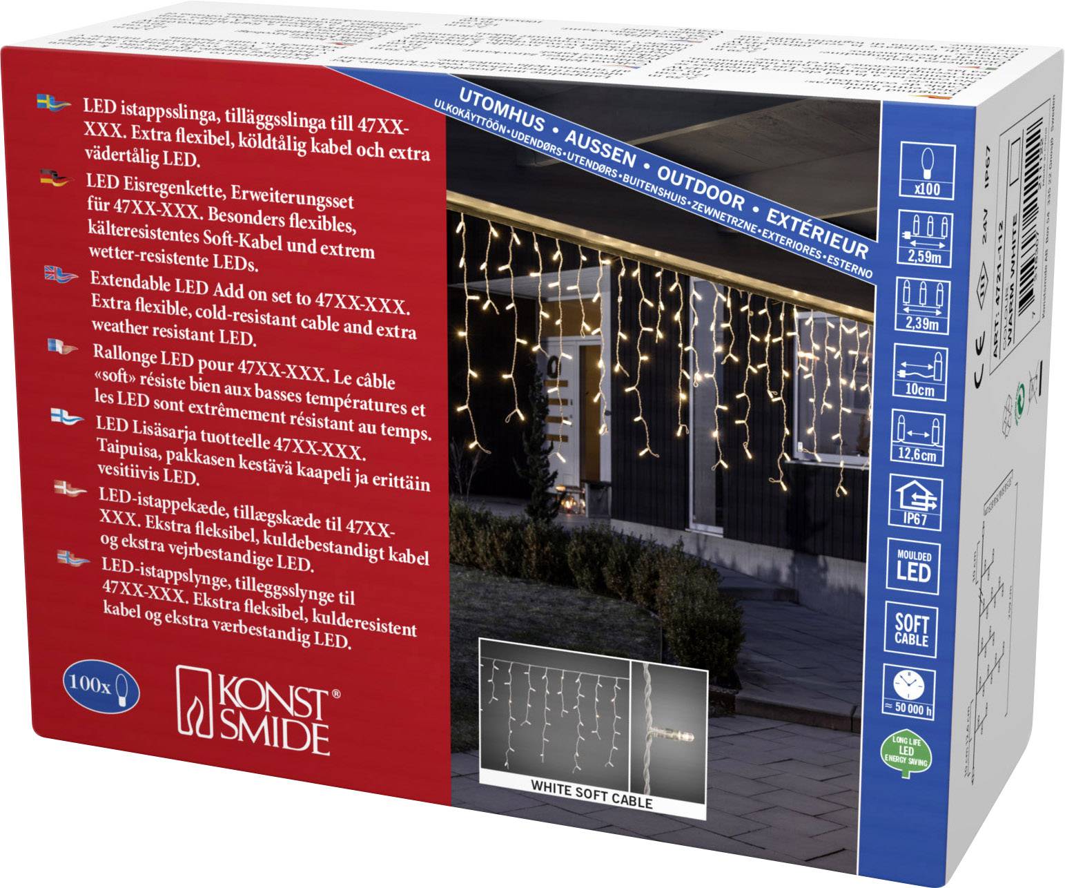 Verpakking van LED-lichtsnoer voor buiten met 100 LED's, inclusief verlengkabel, warm wit, geschikt voor balkons.