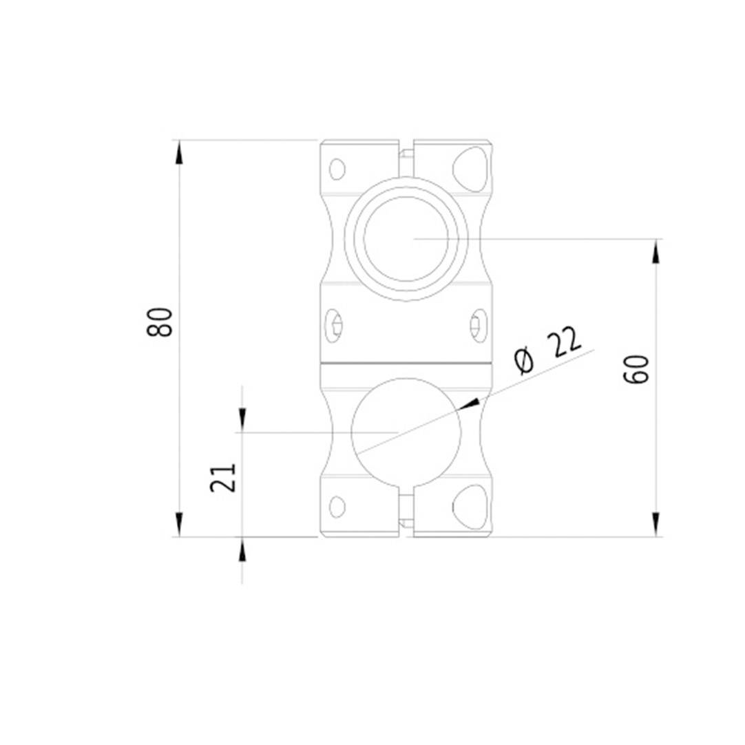Technische tekening van een klem, toont afmetingen: hoogte 80 mm, breedte 60 mm, gat diameter 22 mm, afstand 21 mm.