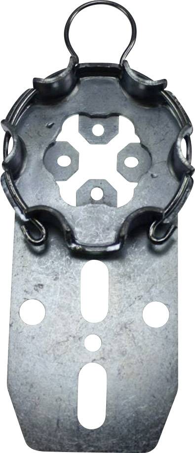 Metalen kabelklemhouder met meerdere bevestigingsgaten en een gebogen haak bovenaan ter ondersteuning van installaties.