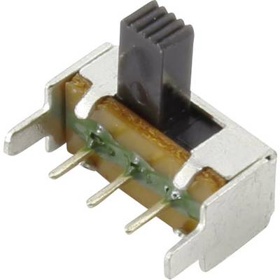 Driepolige schuifschakelaar met zwarte schuifregelaar, gemonteerd op een metalen frame. Geschikt voor elektronische schakelingen.