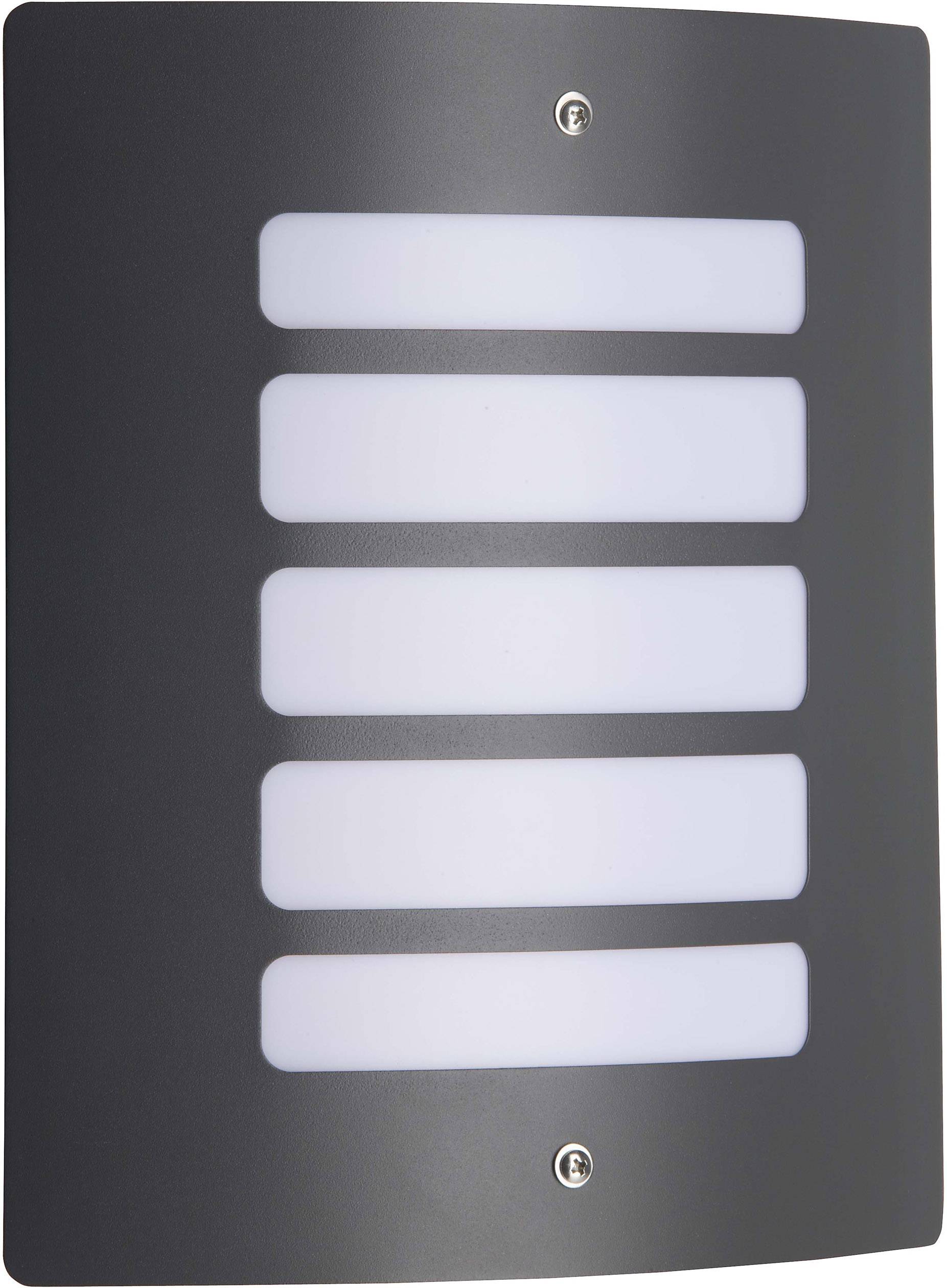 Buitenwandlamp met zwarte behuizing en vier horizontale lichtstrepen, voor gelijkmatige verlichting.