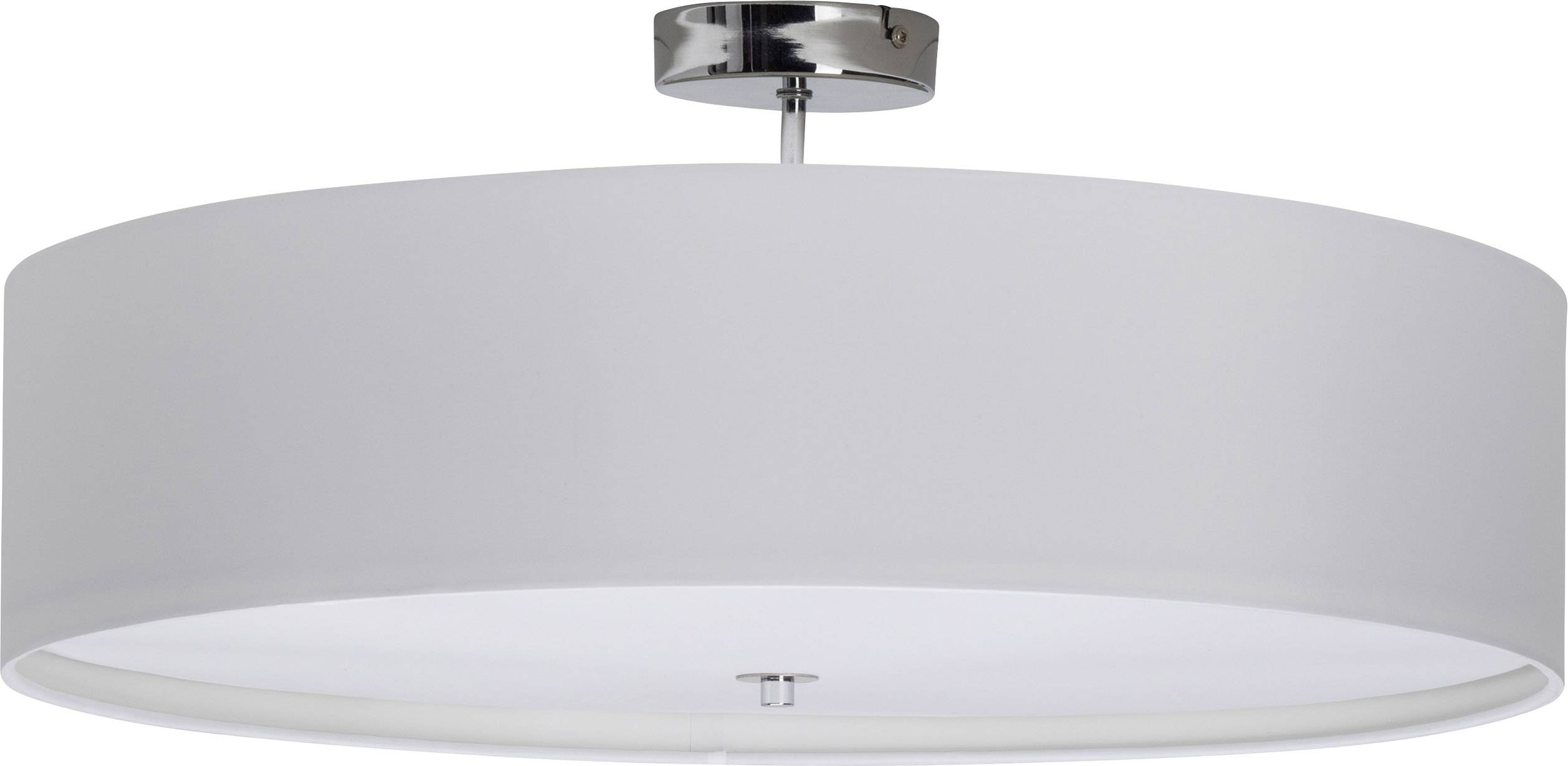 Een ronde, witte plafondlamp met een zilver bevestigingselement in het midden van het bovenoppervlak.