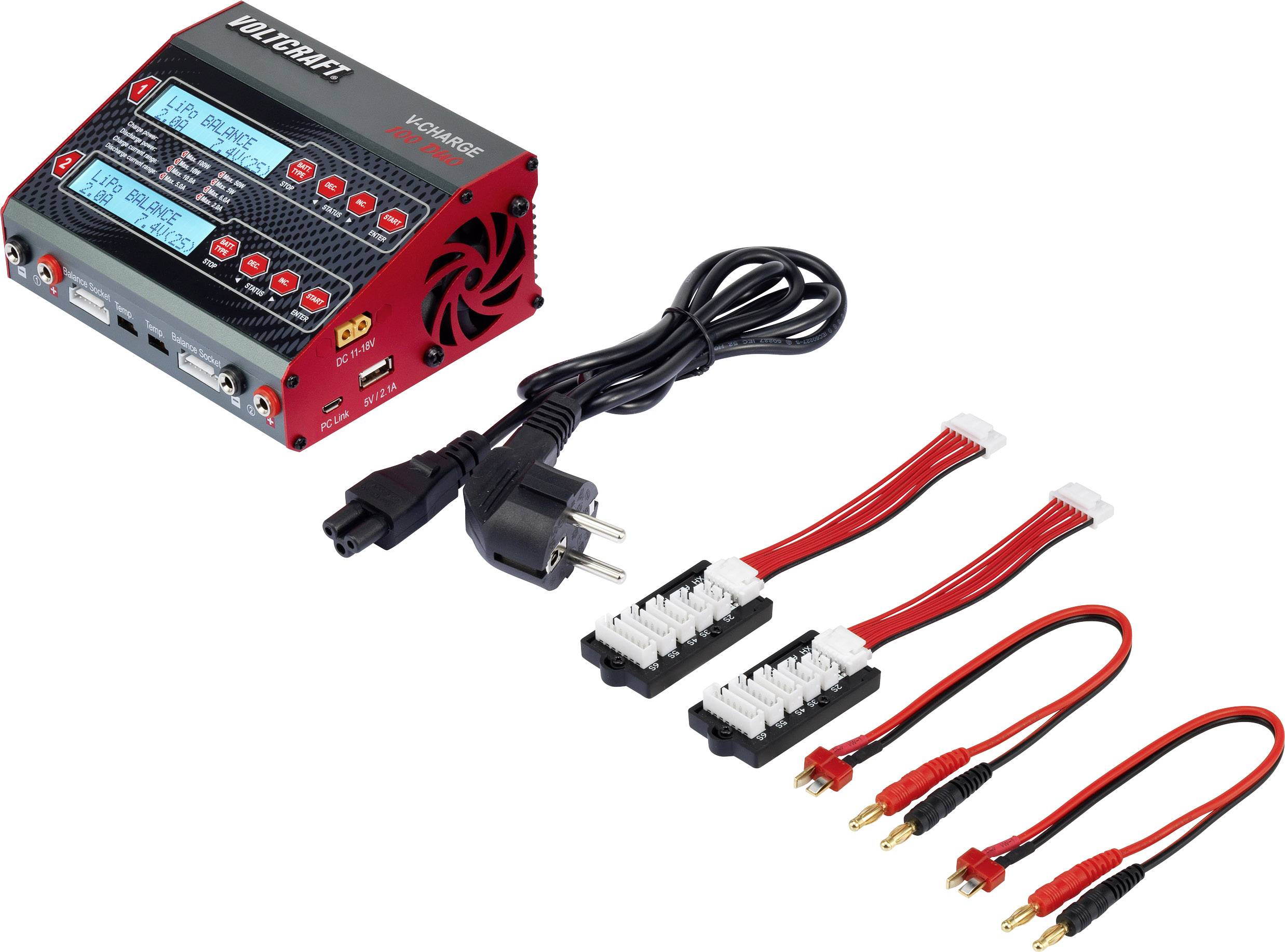 Een oplader met twee schermen, een stroomkabel en drie verbindingskabels. Wordt gebruikt voor het opladen van batterijen.