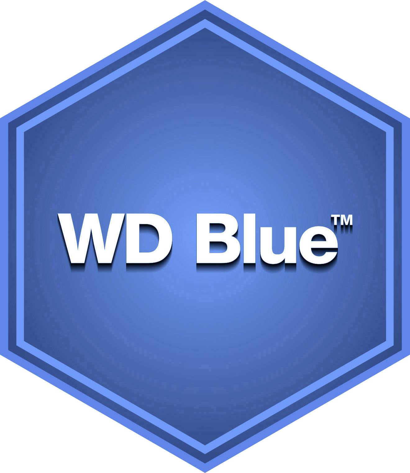 Blauw zeshoekig logo met witte tekst 'WD Blue™', dat een productlijn van Western Digital voor harde schijven vertegenwoordigt.