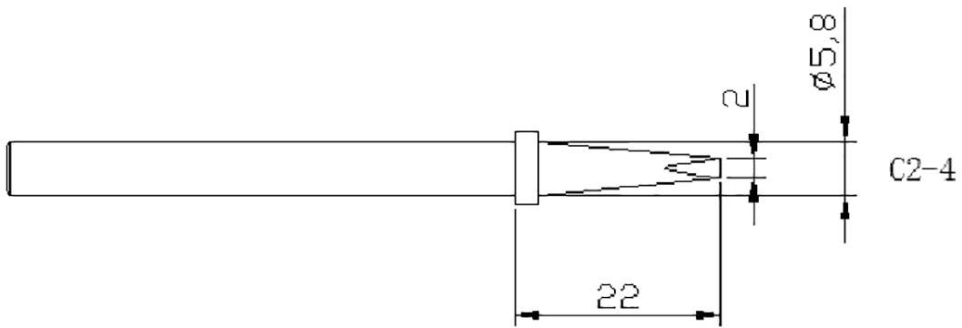 Technische tekening van een pen: Lengte 22 mm, punt met diameter 5,8 mm. Aanvullende maatvoering: 2 mm, C2-4.