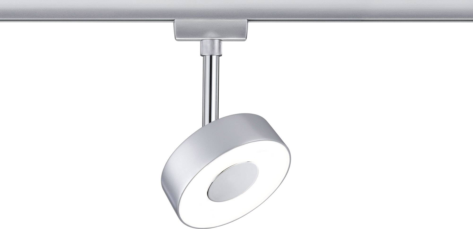 Plafondspot met ronde, draaibare lampkop op rail, modern en minimalistisch. Ideaal voor gerichte verlichting.