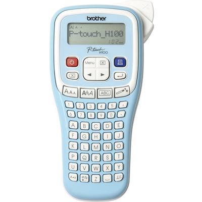 Een lichtblauw labelapparaat met toetsenbord en display, waarop 'P-touch H100' wordt weergegeven. Functies omvatten menu- en afdrukknoppen.