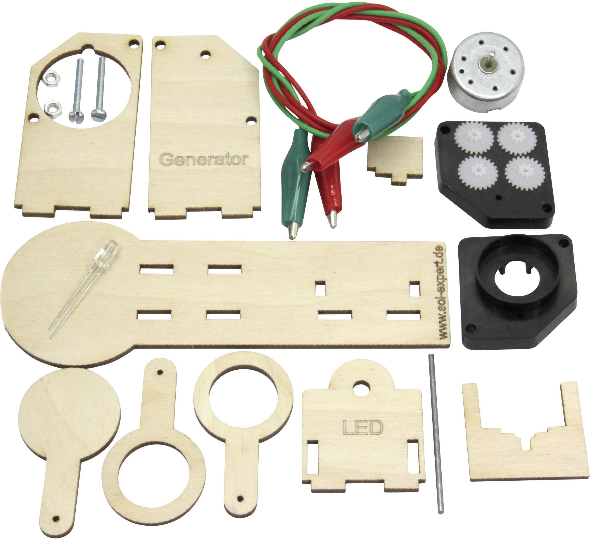 Bouwpakket voor het bouwen van een kleine generator van hout. Bevat houten platen, motor, tandwielen, LED en verbindingskabels met krokodillenklemmen.