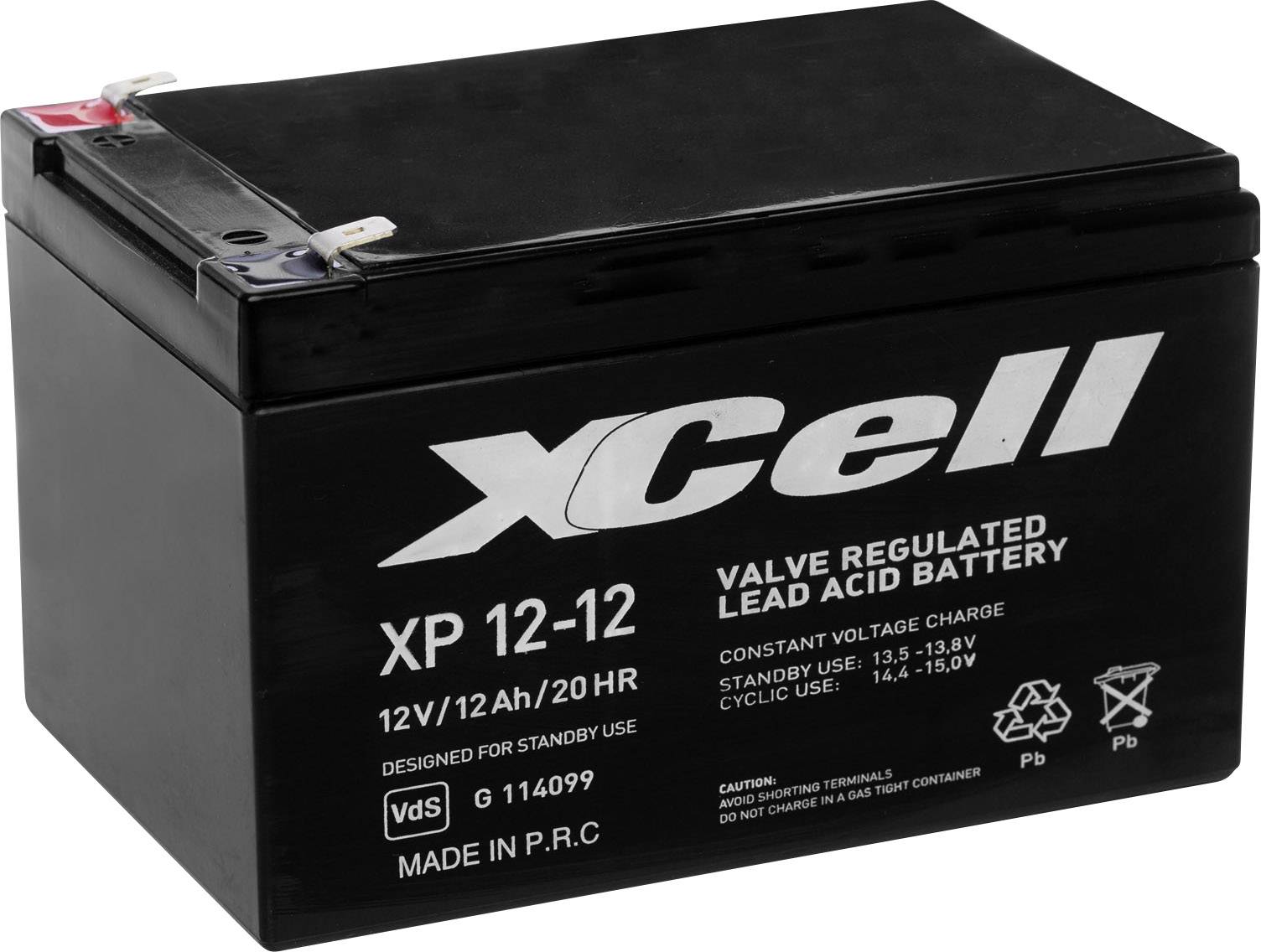 Een zwarte lood-zuur-accu van het merk XCell, model XP 12-12, 12V, 12Ah/20HR. Ontwikkeld voor stand-by gebruik.