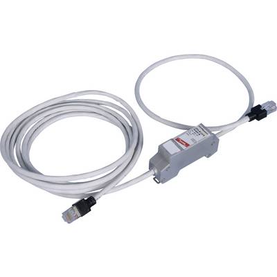 'Netwerkoverspanningsbeschermingsapparaat met twee Ethernet-kabels: Links een lang wit kabel, rechts een kort kabel, beide voorzien van RJ45-connectoren.'