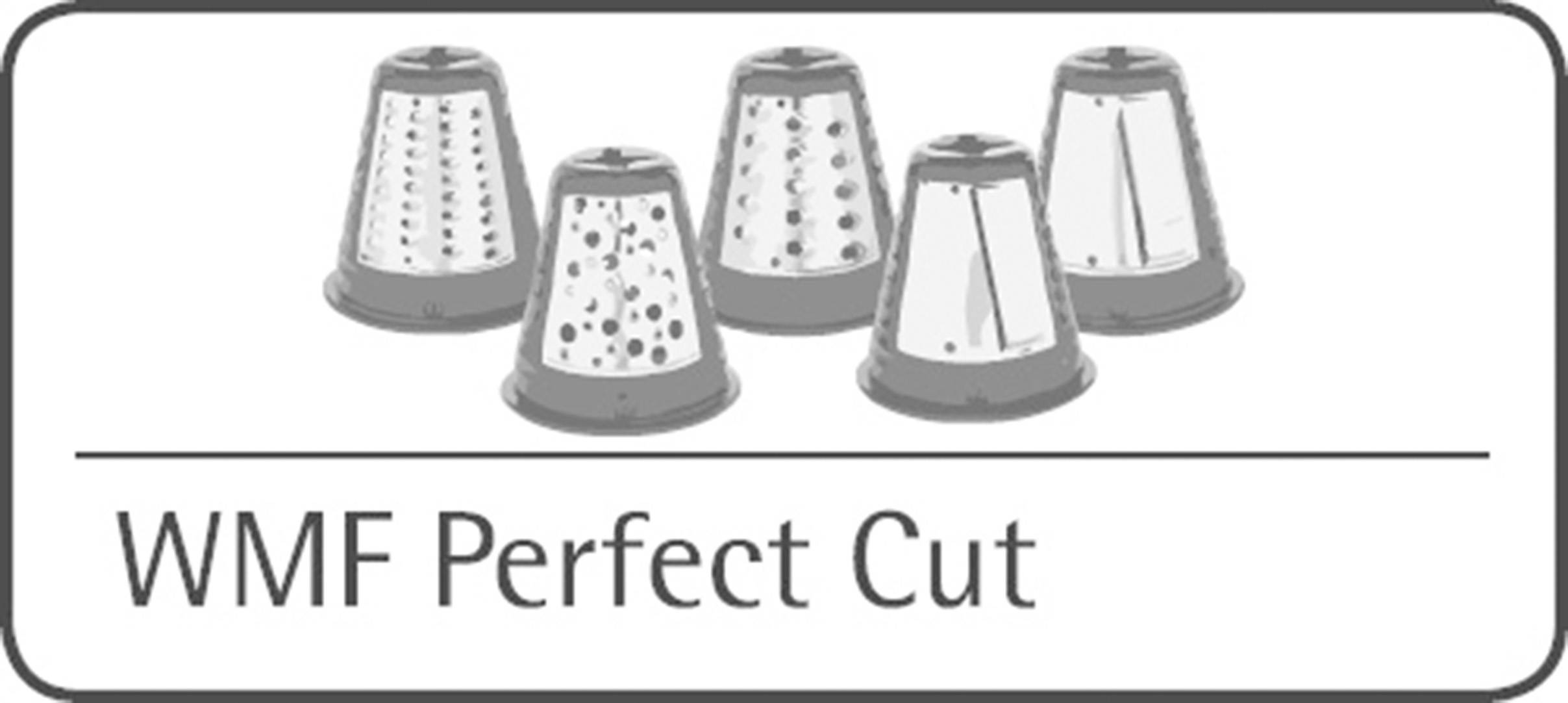 Vijf keukenschaafjes met verschillende perforaties, afgebeeld boven de tekst 'WMF Perfect Cut'.
