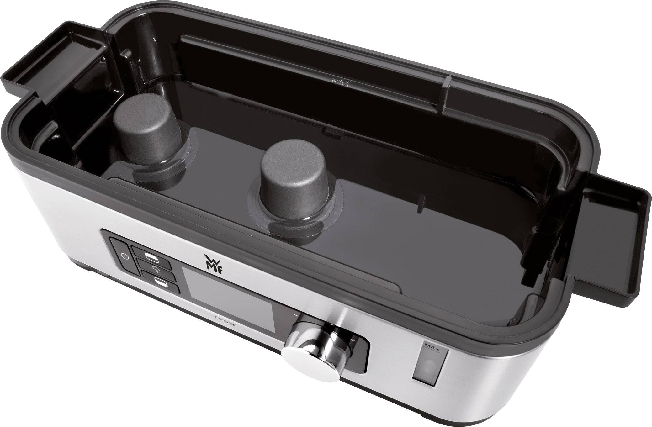 Elektrische rooster van roestvrij staal met verwijderbare grillplaten, LED-display en draaiknop, geschikt voor verschillende gerechtjes van de grill.