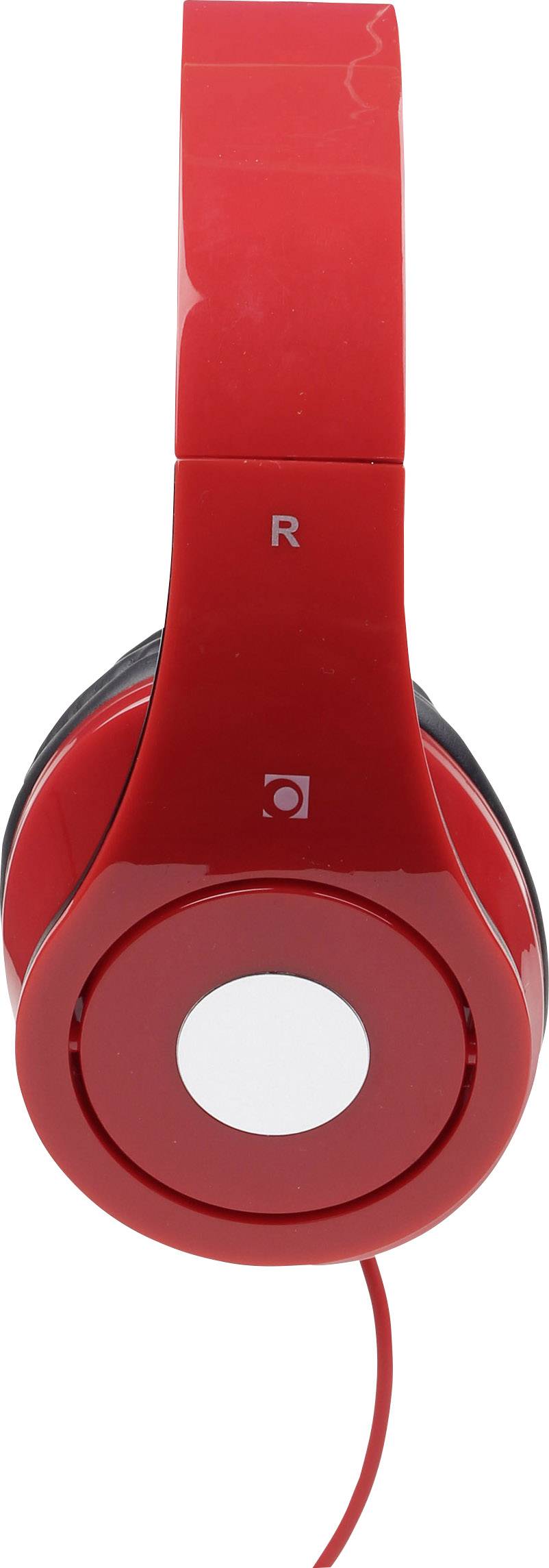 Rode Over-ear-koptelefoon met kabel; rechter oorkap zichtbaar.