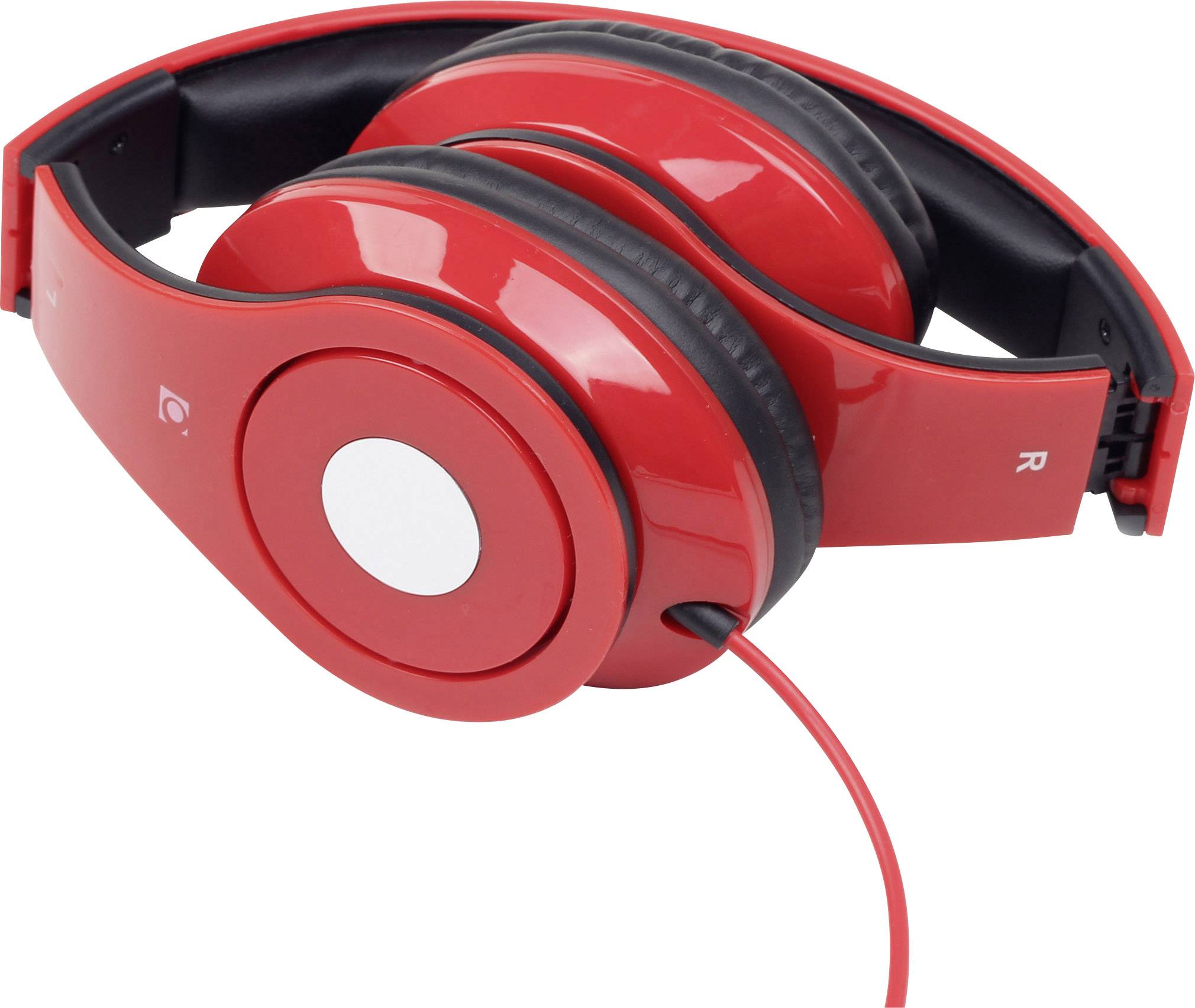Rode Over-ear-koptelefoon met zwart kussen, opgevouwen. Gebruikt voor muziek of audio.
