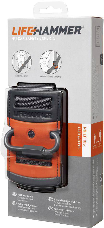 Verpakking van een veiligheidsgordel-hulpmiddel 'LIFE HAMMER', beschreven als oplossing ter verhoging van de veiligheid en het comfort in de auto.
