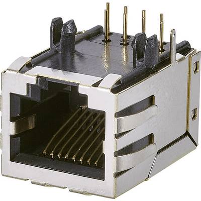 'RJ45-modulaire stekkeraansluiting, vaak gebruikt voor Ethernet-netwerkverbindingen. Toont gouden contacten en kunststof behuizing.'