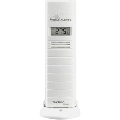 Een wit digitaal thermometer toont 27,5°C aan. Bovenaan gemarkeerd met 'Mobile-Alerts', onderaan met 'techno line'.