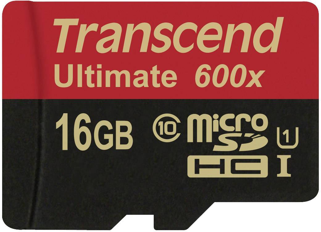 'Transcend Ultimate 600x' microSD-kaart, capaciteit 16GB, met snelheidsklasse 10 en UHS-I.