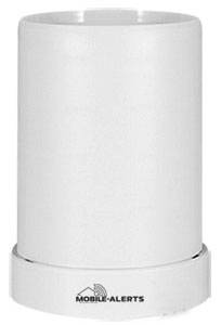 Een witte, cilindrische regenmeter van Mobile-Alerts voor weersmonitoring.