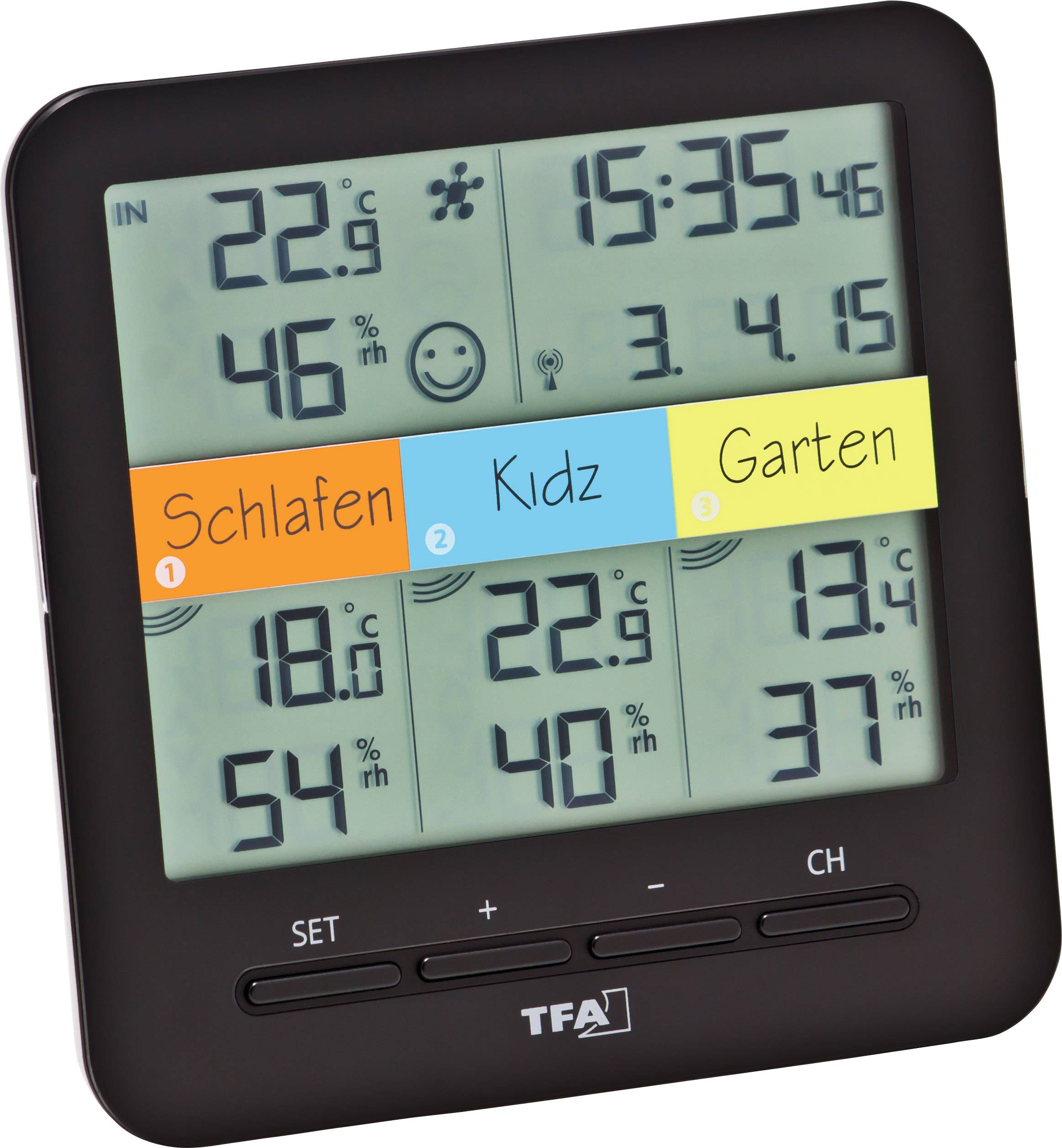 Digitale thermometer en hygrometer tonen binnen- en buitentemperatuur, luchtvochtigheid en de tijd met datum.