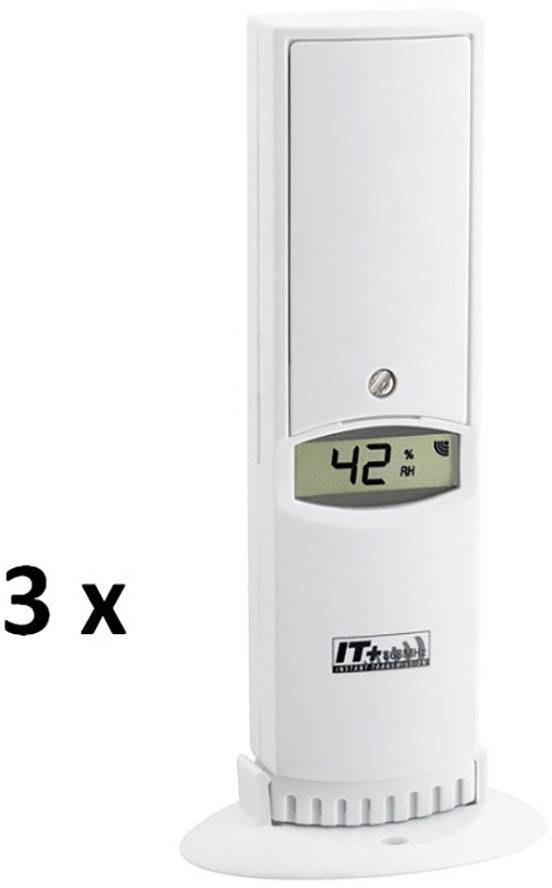 Witte hygrometer met digitaal display toont '42% RH'. Links staat het getal '3 x', wat wijst op meerdere eenheden.