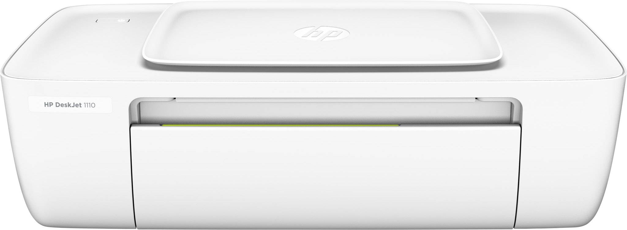 Een witte HP DeskJet 1110 printer met gesloten papiervak, geschikt voor thuisgebruik.