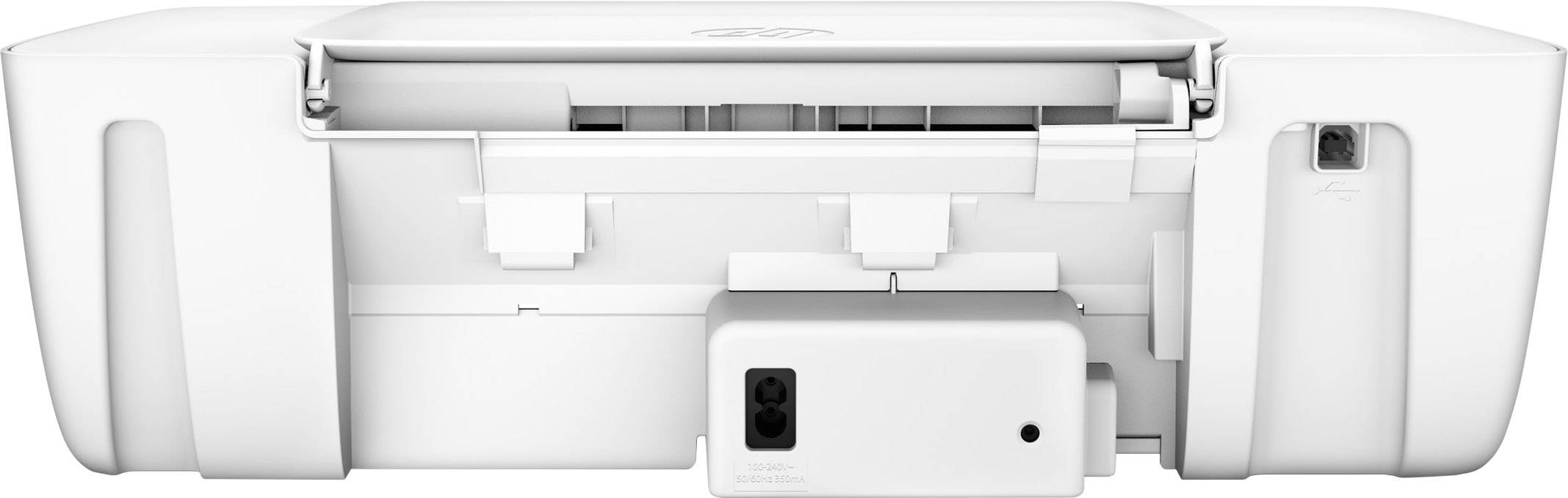 Een witte, moderne printer van achteren. De achterkant toont aansluitingen en een papierinvoer. Ideaal voor kantoor of thuisgebruik.