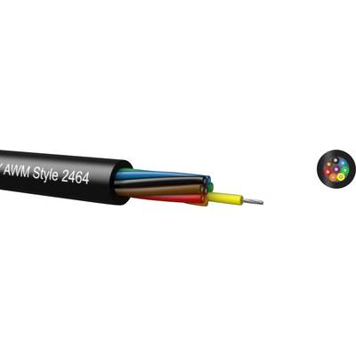 Zwart kabel met vier gekleurde draden (blauw, rood, groen, bruin) en een gele draad in het midden. Tekst op kabel: 'AWM Style 2464'.