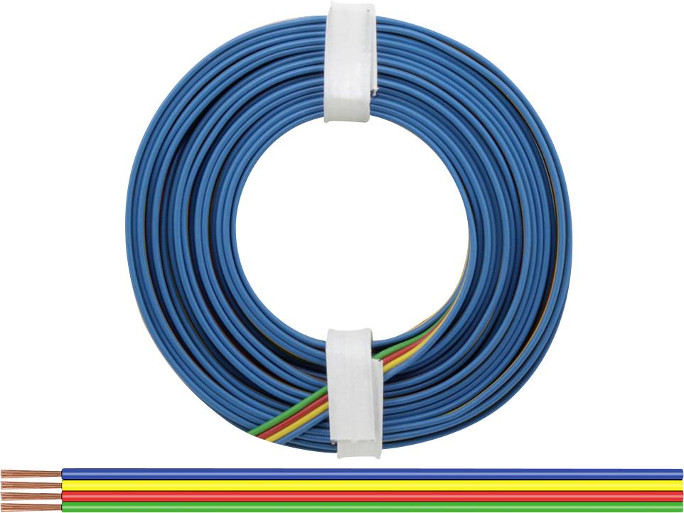 Een blauwe kabelrol met meerdere gekleurde leidingen, waaronder blauw, groen, geel en rood, op een witte achtergrond.