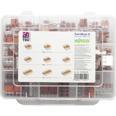 'Sortibox 6' met 105 WAGO-aansluitklemmen in verschillende varianten, in een transparante kunststofbox.