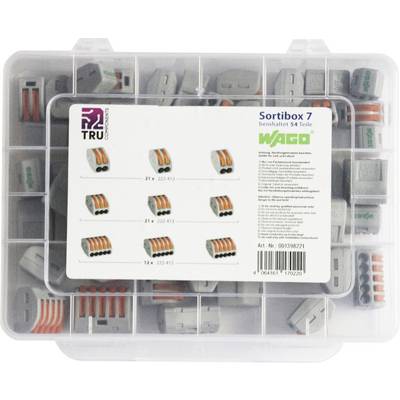 Sorteerbox met 54 WAGO-klemmen in verschillende formaten en types. Bevat klemverbinders voor uiteenlopende draadcombinaties.