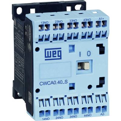 Een blauwe elektrische contactor van WEG met een schakelaar en genummerde aansluitklemmen. Modelnummer 'CWCA0.40_S' zichtbaar.