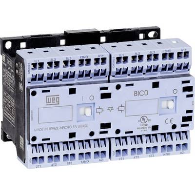 Elektrisch schakeltoestel met een blauwe frontplaat, meerdere aansluitingen en opschriften.