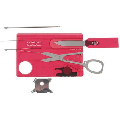 Rode SwissCard Lite van Victorinox met gereedschappen: mes, schaar, pincet, balpen, loep en schroevendraaier.
