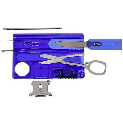 Blauw multifunctioneel gereedschapsset met mes, schaar en andere gereedschappen. 'Victorinox SwissCard Lite' opschrift zichtbaar.