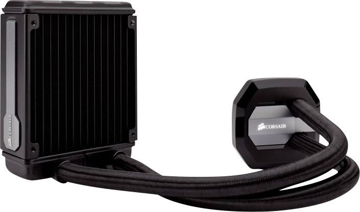 'Corsair' vloeistofkoeler voor computerprocessoren, bestaande uit een radiator en pompunit met slangen.