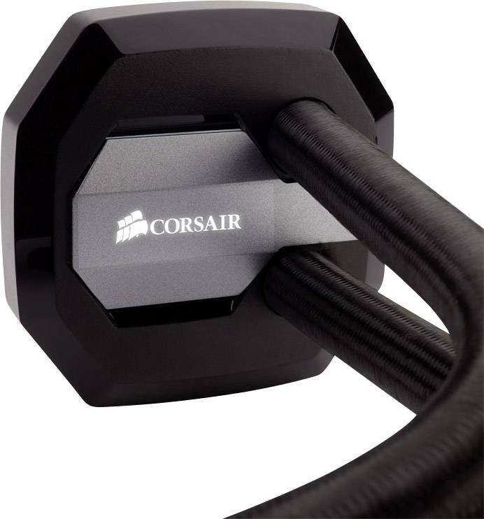 Veelhoekige koelbehuizing van een waterkoeling met kabels, waarop het merklogo 'CORSAIR' zichtbaar is.