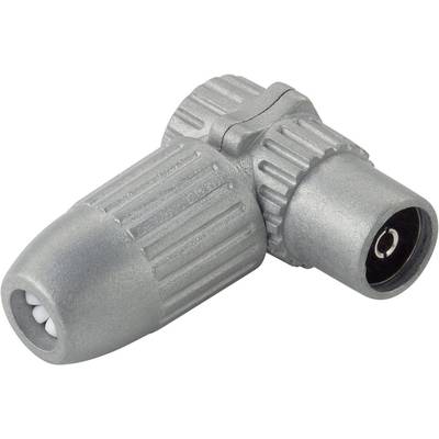 Metalen steekeradapter met twee cilindrische uiteinden die haaks op elkaar zijn geplaatst. Geschikt voor coaxkabelverbindingen.