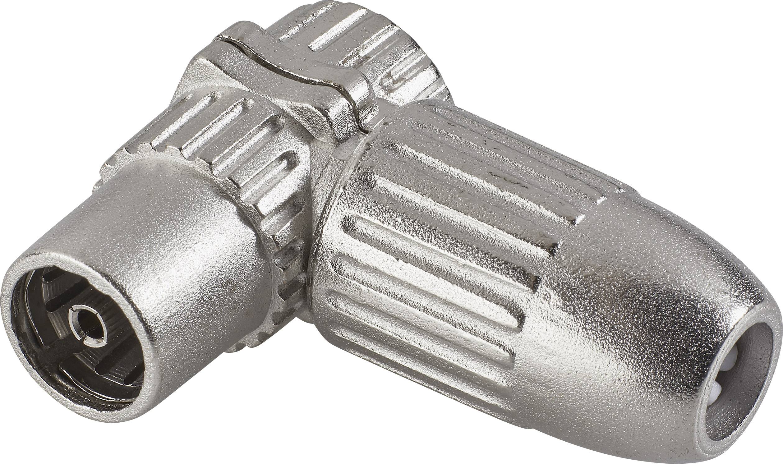 Een metalen coaxiale kabeladapter met 90-graden hoek, geschikt voor het aansluiten van antennekabels in krappe ruimtes.