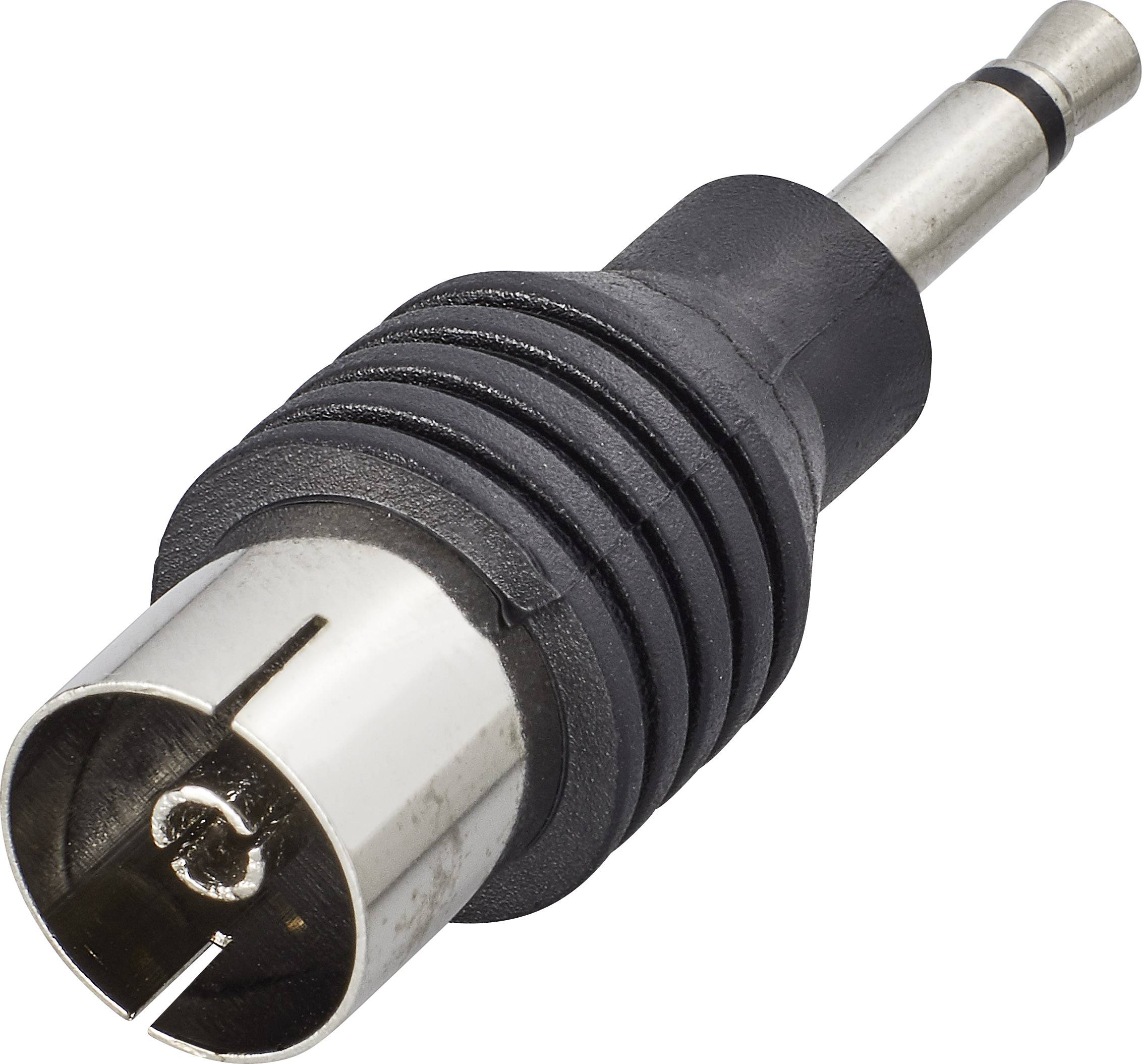 Een zwarte adapterstekker met een coaxiale aansluiting aan de ene kant en een 3,5-mm-jackplug aan de andere kant.