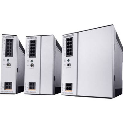 Drie zilveren elektronische apparaten naast elkaar, elk met een zwart aansluitveld en de aanduiding 'BLOCK'. De apparaten hebben de modelnummers 'PM-0124-031-0', 'PM-0124-020-0' en 'PM-0124-045-0'.