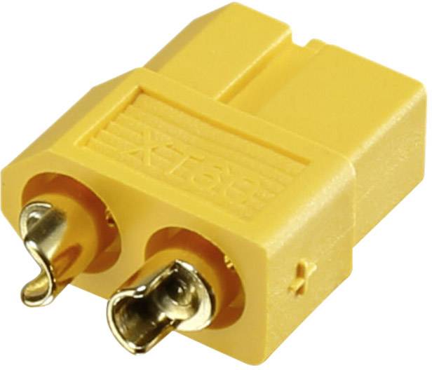 Een gele XT60-connector met twee metalen contacten, meestal gebruikt in RC-modellen voor het aansluiten van accu's.