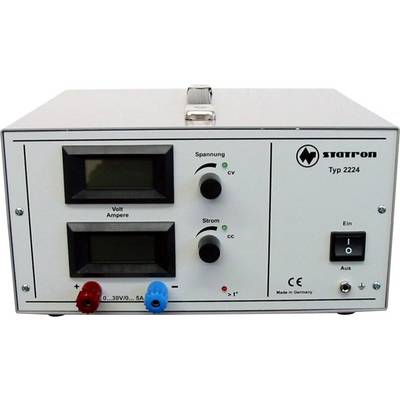 Elektronisch voedingsapparaat met twee digitale displays voor spanning en stroom, voorzien van een tuimelschakelaar voor bediening, vervaardigd in Duitsland.