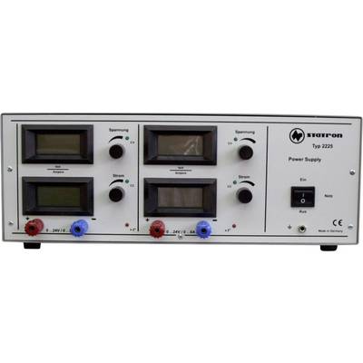 Laboratoriumvoedingsapparaat met vier digitale displays voor spanning en stroom, twee uitgangsparen voor plus- en minuspolen, schakelaar en staron-logo.