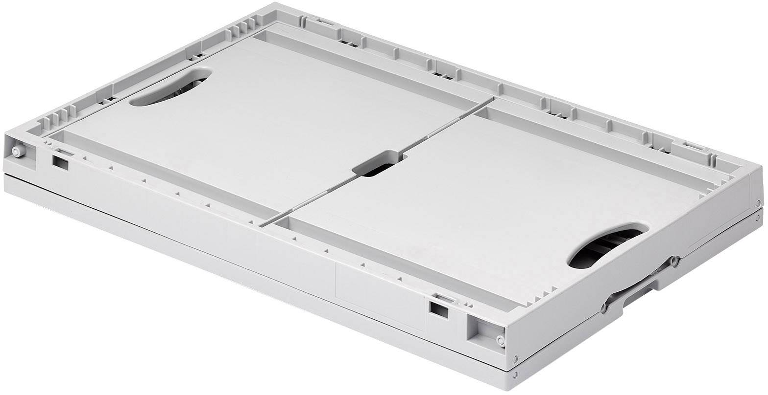 Een ingeklapte witte opvouwbare tafel met een handgreep, klaar voor opslag of transport.