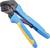 Krimptang met blauwe handgrepen en gele accenten, gebruikt voor het bevestigen van kabelverbindingen in elektrische toepassingen.