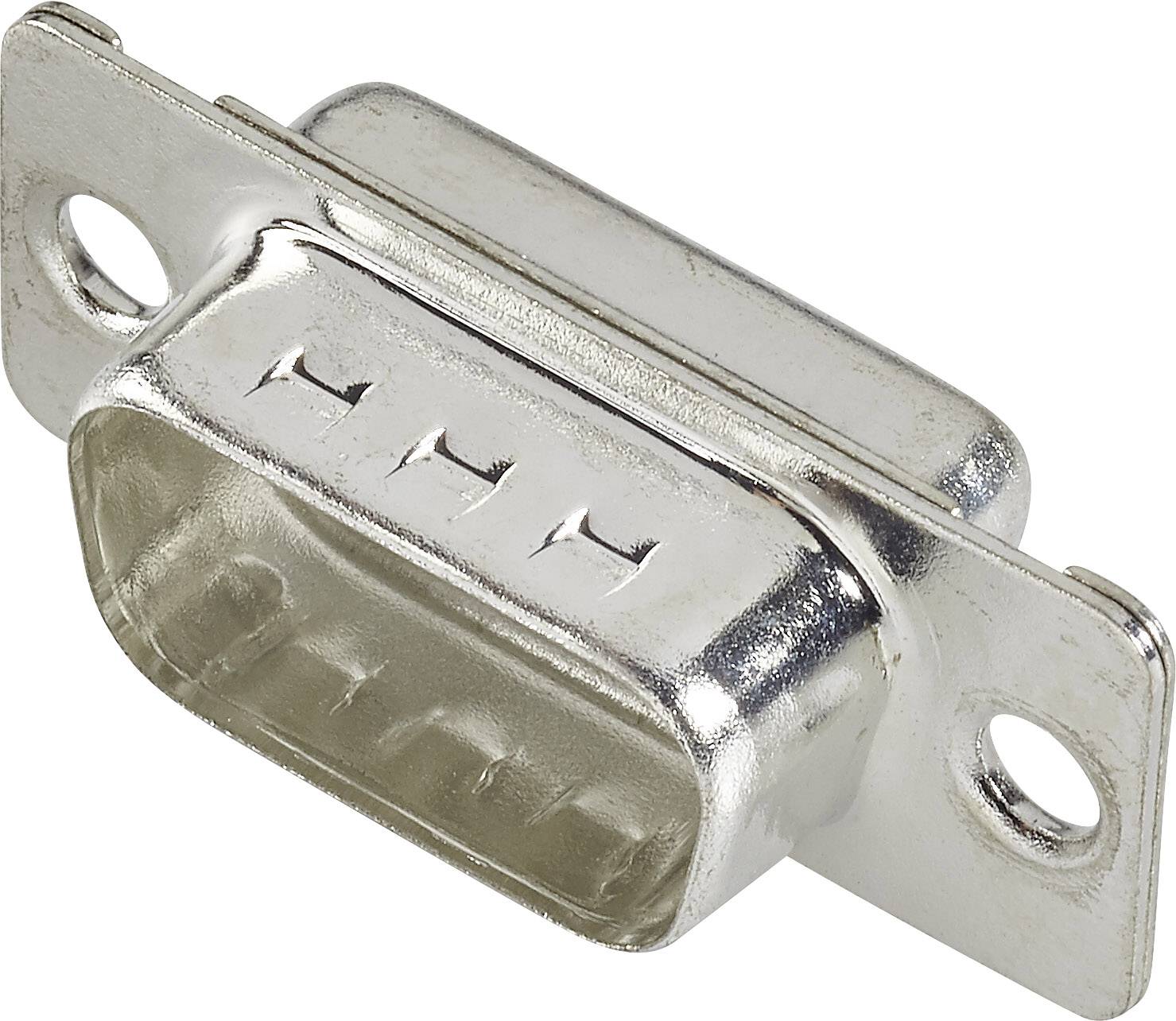 Metalen connector met negen pinnen, voornamelijk gebruikt voor seriële interfaces. Hij heeft een rechthoekige behuizing met twee schroefgaten.